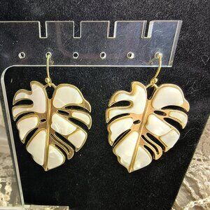 Gold Tone Faux Mother of Pearl Palm Leaf Earrings
